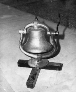 Black and white photo of the Monon Bell